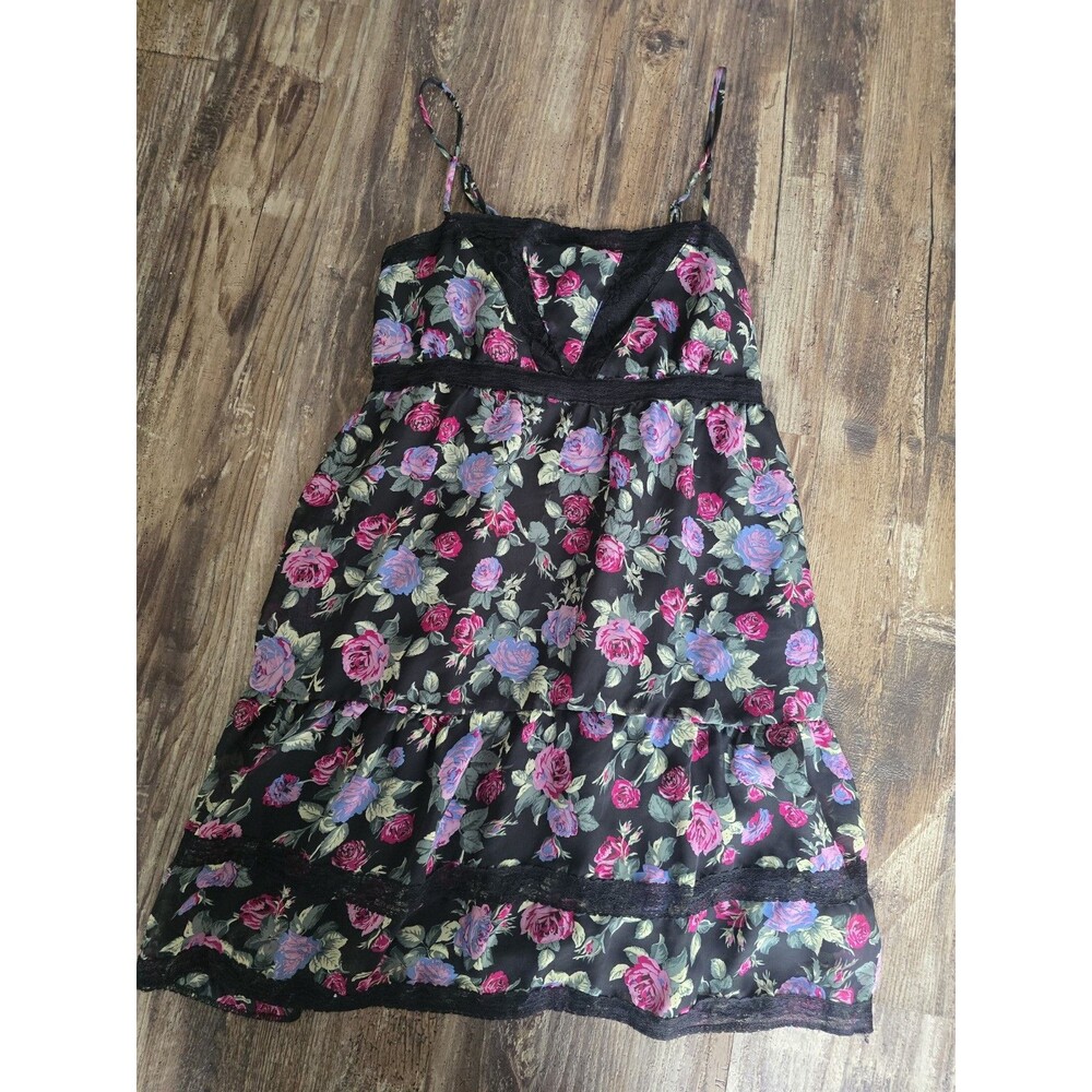 XXI Black Floral Tiered Mini Dress Size Small | Lace Trim Romantic Babydoll